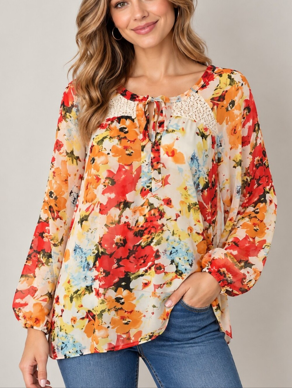 SML SPORT Floral Semi-sheer Oversized Keyhole Bow Chiffon Top XL